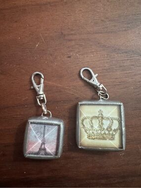 2 Jewel Kade Paris/Crown Themed Glass Reversible Silvertoned Charms